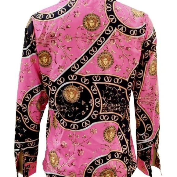 Pink Baroque Print Button-Up Blouse – Long Sleeve Satin Shirt (2XL) - Picture 4 of 4